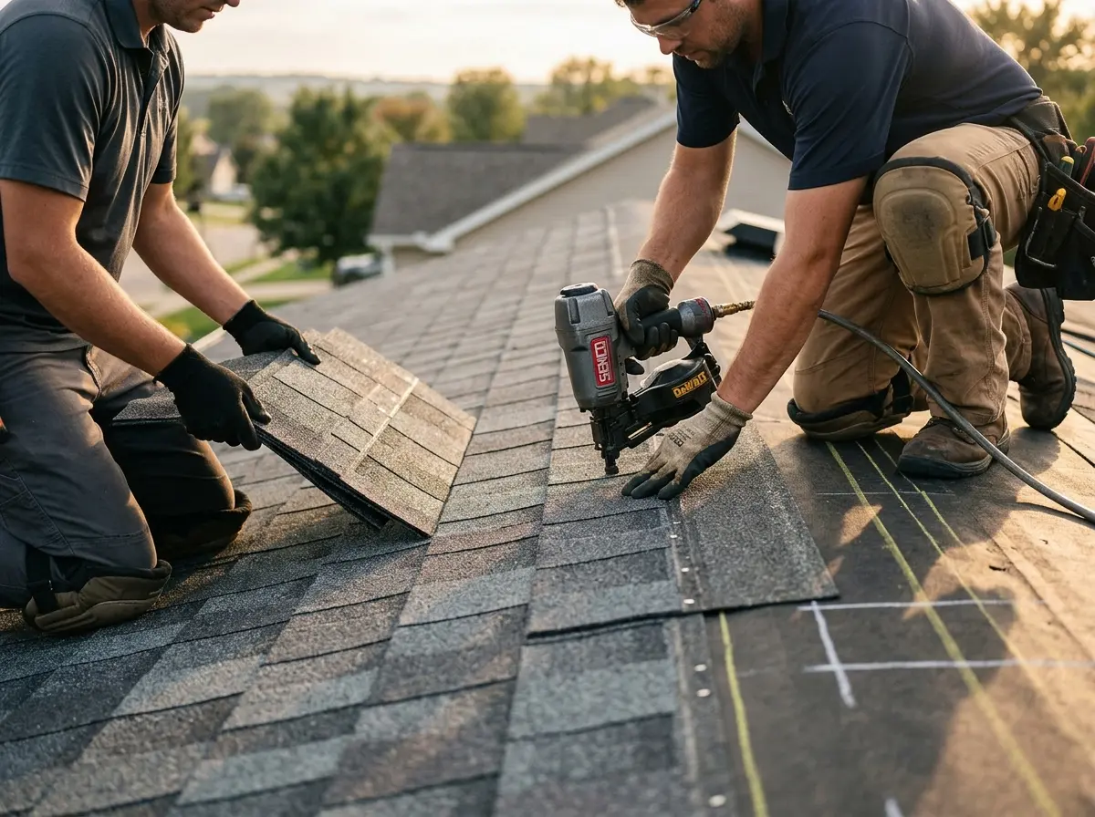Professional roofer working on a residential roof in Danville